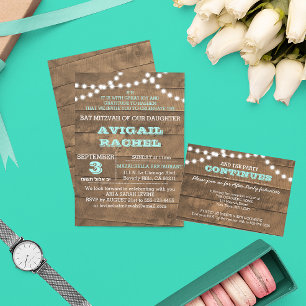 Invitation Barnwood Lights Turquoise B"H Bat mitzvah Invitati