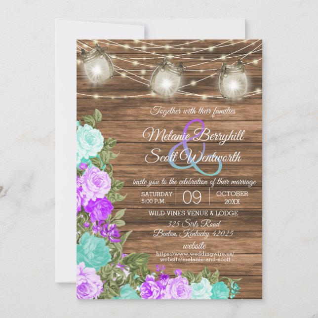Invitation Barnwood, Mason Jars et Turquoise, Floral violet (Devant)