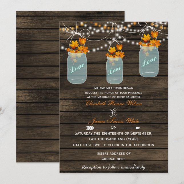 Invitation Barnwood, Rustique mariage de automne de bocal de  (Devant / Derrière)