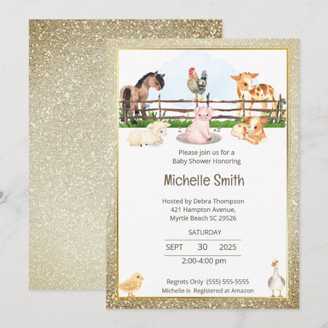 Invitation Barnyard Animaux Baby shower Parties scintillant o (Devant / Derrière)