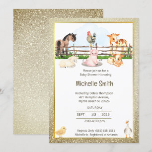Invitation Barnyard Animaux Baby shower Parties scintillant o
