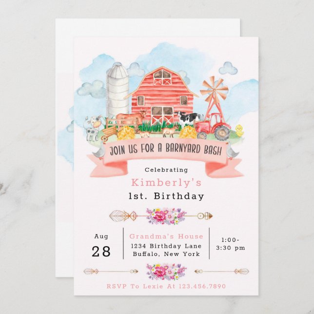 Invitation Barnyard Bash Farm Animaux 1er. Anniversaire Fête  (Devant / Derrière)