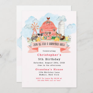 Invitation Barnyard Bash Farm Animaux 5e fête d'anniversaire
