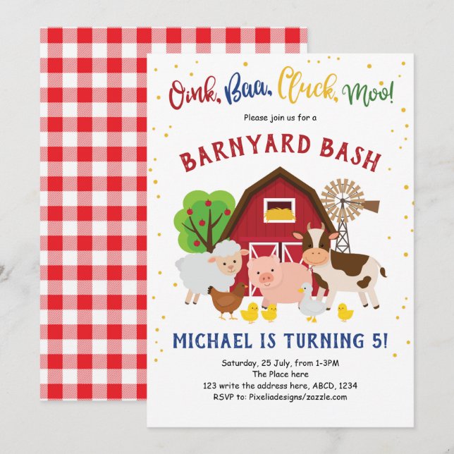 Invitation Barnyard Bash, Farm Animaux, Papping Zoo, Annivers (Devant / Derrière)