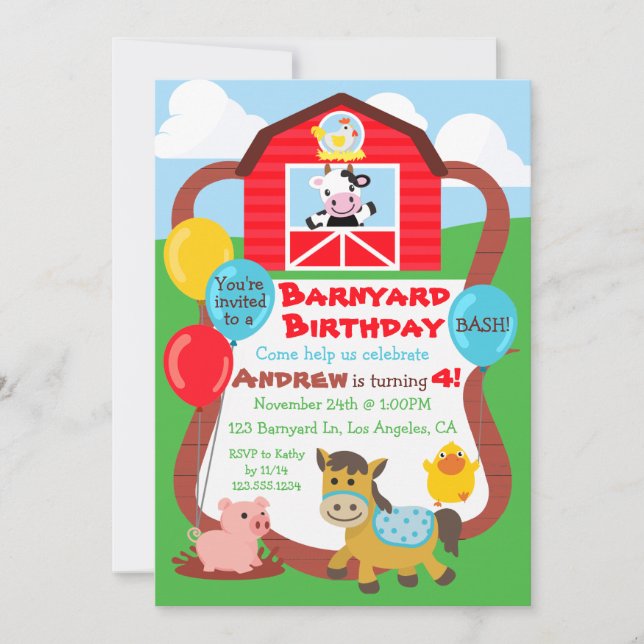 Invitation Barnyard Birthday Kids - Animaux de fer (Devant)