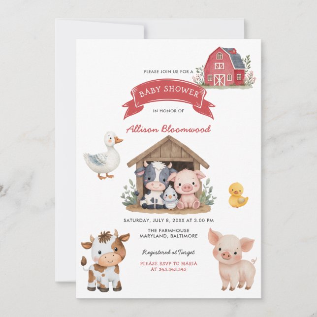 Invitation Barnyard Farm Cute Animaux Baby shower (Devant)
