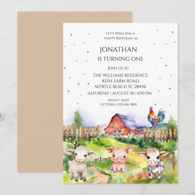 Invitation Barnyard Farm Theme Boys 1ère fête d'anniversaire (Devant / Derrière)