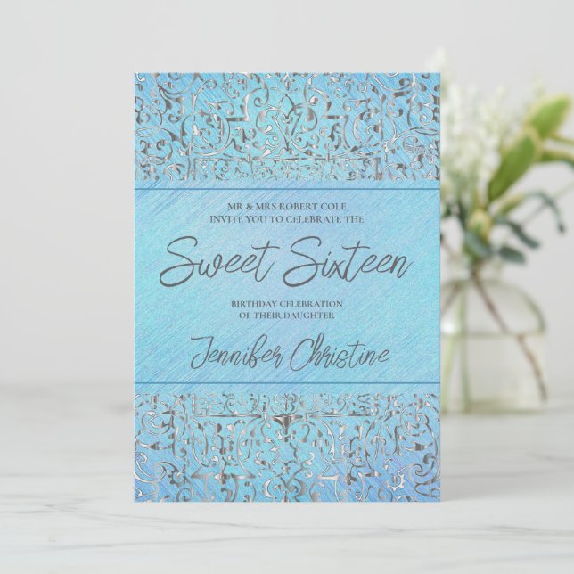 Invitation Baroque Argent Et Quinceanera Bleue (Debout devant)