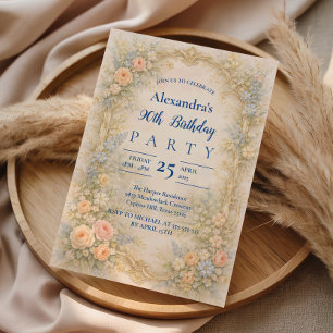 Invitation Baroque Floral Pastel Douce pour 90e Anniversaire