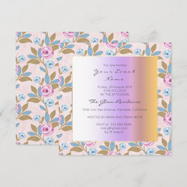 Invitation Baroque Versaille Marie Antoinette Floral Pastel (Devant / Derrière)