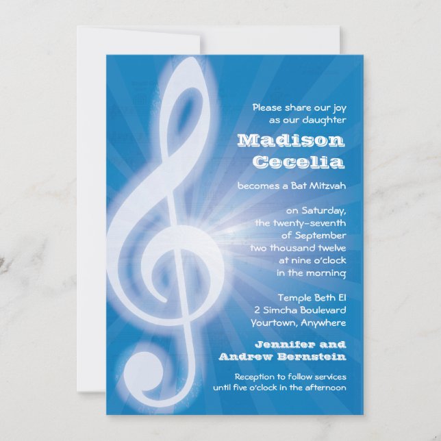 Invitation Barre-Batte rougeoyante Mitzvah de clef de musique (Devant)