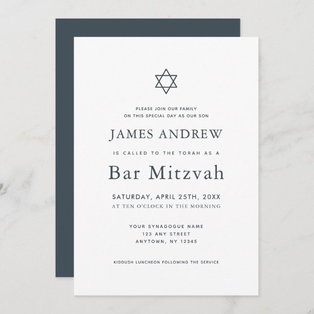 Invitation Barre bleu et blanc minimaliste marine Mitzvah (Devant / Derrière)