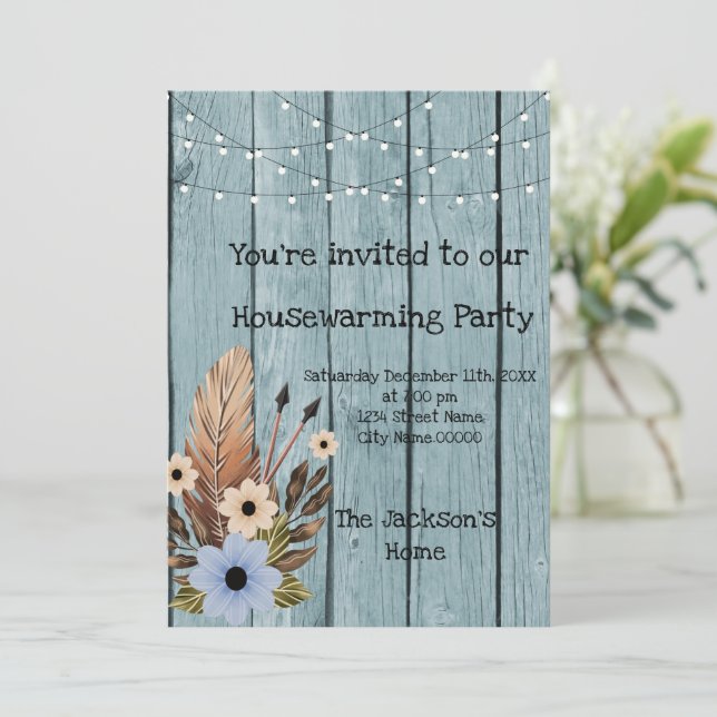 Invitation Barre Bois Rustique Eucalyptus Fête de réchauffeme (Debout devant)