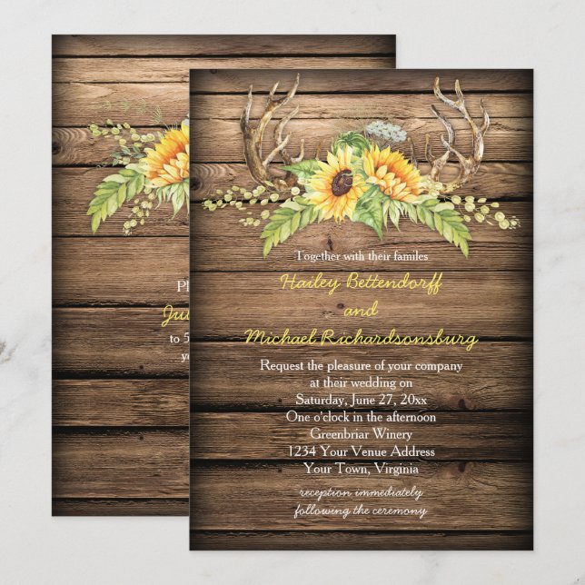 Invitation Barre Bois Tournesols Antlers avec Mariage RSVP (Devant / Derrière)