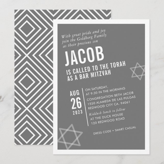 Invitation BARRE BOLD MITZVAH simple angle moderne gris blanc (Devant / Derrière)