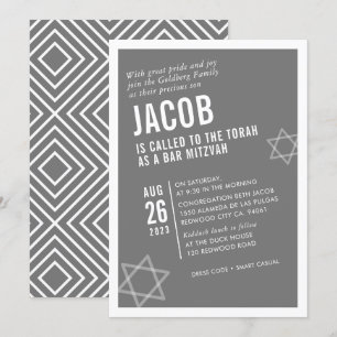 Invitation BARRE BOLD MITZVAH simple angle moderne gris blanc