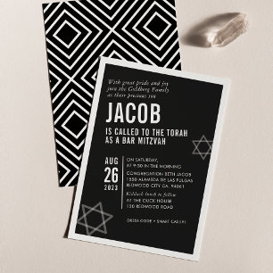Invitation BARRE BOLD MITZVAH simple angle moderne noir blanc