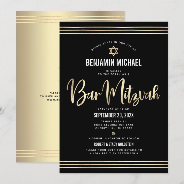 Invitation Barre de code QR Mitzvah Black Gold Script Tallit  (Devant / Derrière)