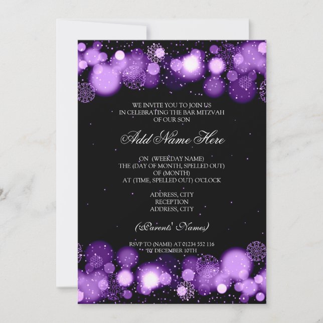 Invitation Barre d'hiver Mitzvah Flakes violets (Devant)