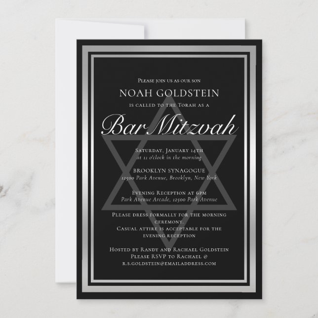 Invitation Barre Formelle Noire Silver élégant Mitzvah (Devant)
