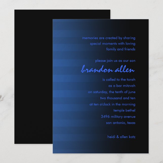 Invitation Barre Mitzvah Bleu et Noir Horizontale Bande (Devant / Derrière)