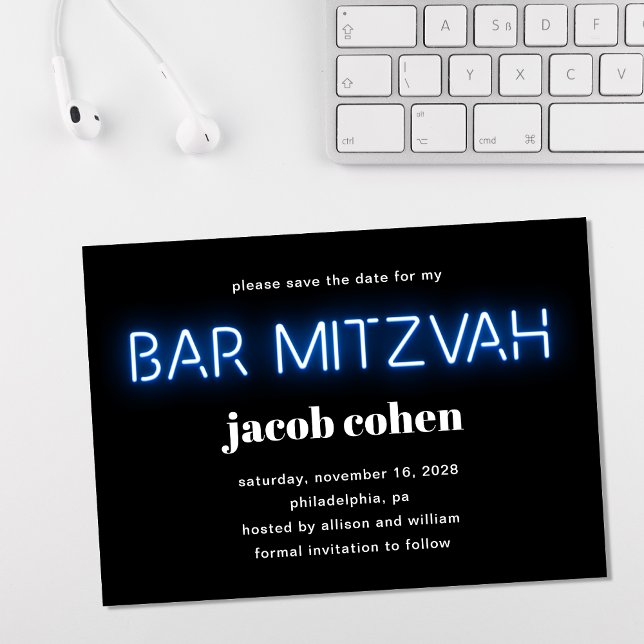 Invitation Barre Mitzvah Bleu Lumières Néon Enregistrer La Da (Créateur téléchargé)