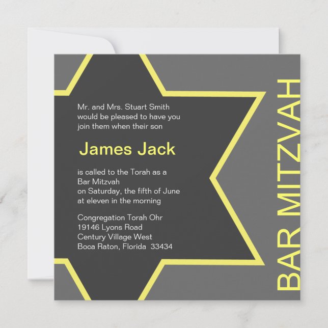 Invitation Barre Mitzvah d'étoile de David gris et jaune (Devant)