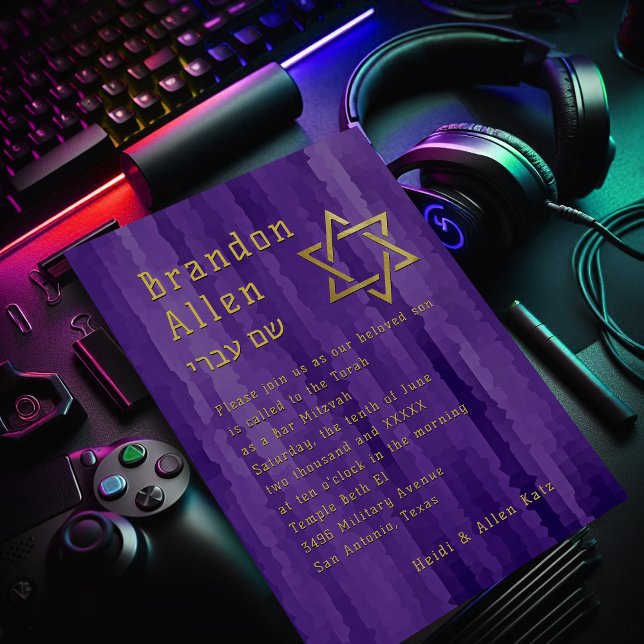 Invitation Barre Mitzvah Purple Techno Streaks (Créateur téléchargé)