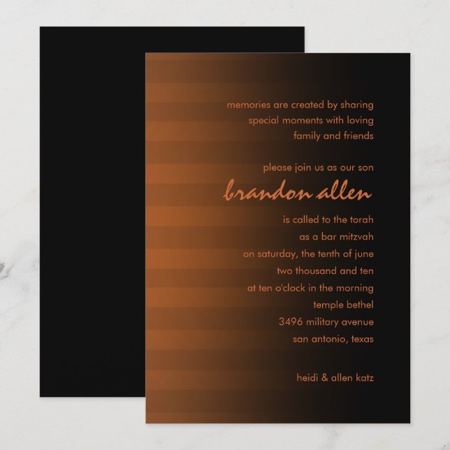 Invitation Barre Mitzvah rouille et bandes horizontales noire (Devant / Derrière)