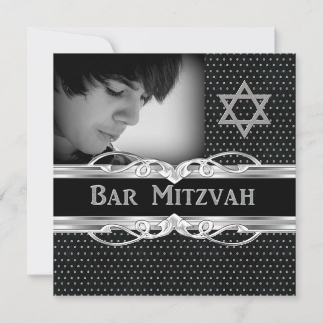 Invitation Barre Mitzvah Star Black Silver Metal Studs (Devant)