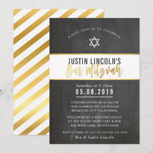 Invitation BARRE MODERNE MITZVAH cool en damier en or écritur
