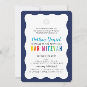 Invitation BARRE MODERNE MITZVAH couleurs arc-en-ciel bleu bo