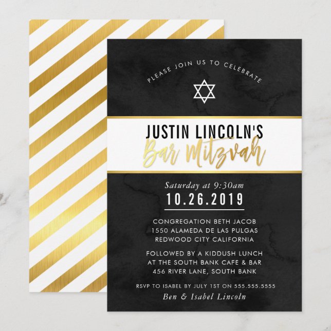 Invitation BARRE MODERNE MITZVAH noir aquarelle or script (Devant / Derrière)