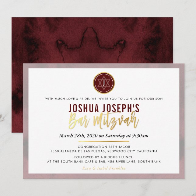 Invitation BARRE MONOGRAMME STYLISÉE MAROON MITZVAH or rouge  (Devant / Derrière)