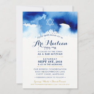 Invitation BARRE PERSONNALISÉE MITZVAH or bleu aquarelle invi