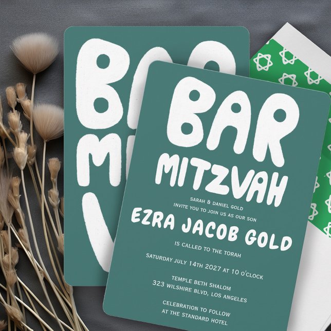 Invitation Barre personnalisée super de manutention Bnai Mitz (Groovy Handlettering Custom Bar Mitzvah Teal Green Invitation Minimalist Simple)