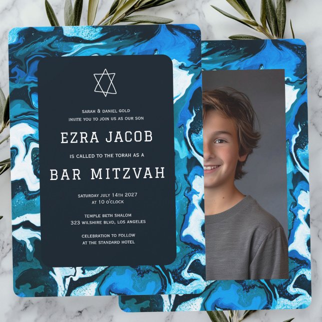 Invitation Barre photo personnalisée Peinture en marbre bleu  (Blue Marble Paint Custom Photo Bar Bat Mitzvah Invitation
)