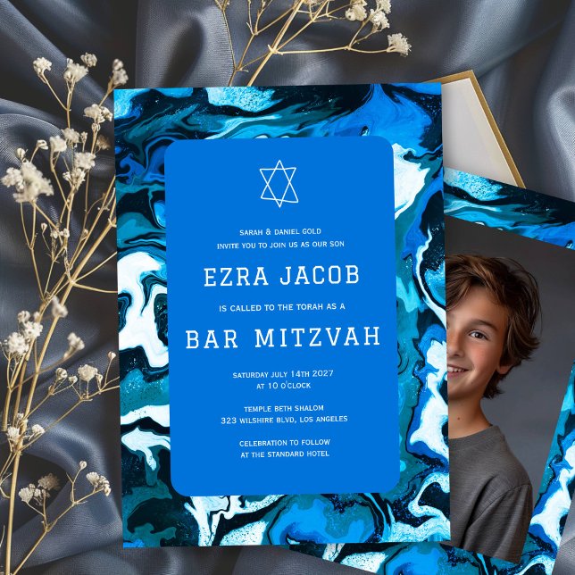 Invitation Barre photo personnalisée Peinture en marbre bleu  (Blue Marble Paint Swirls Custom Photo Bar Bat Mitzvah Invitation
)