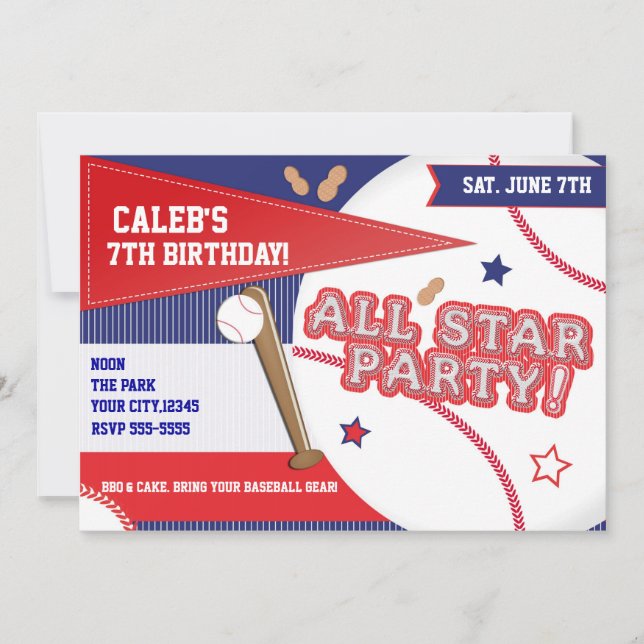 Invitation Baseball All Star Red White Blue Anniversaire Part (Devant)