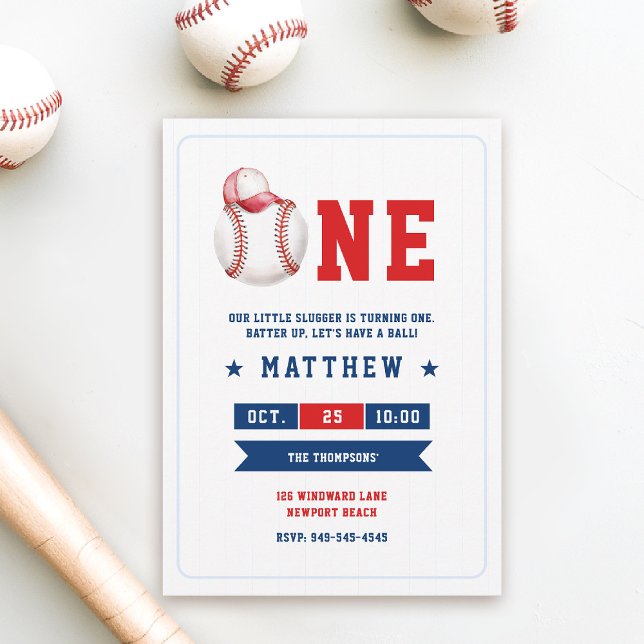 Invitation Baseball Casquette Bleu Rouge Cute Garçon 1er Anni (little slugger boy 1st birthday baseball theme invitation red white cute cap watercolor sports )