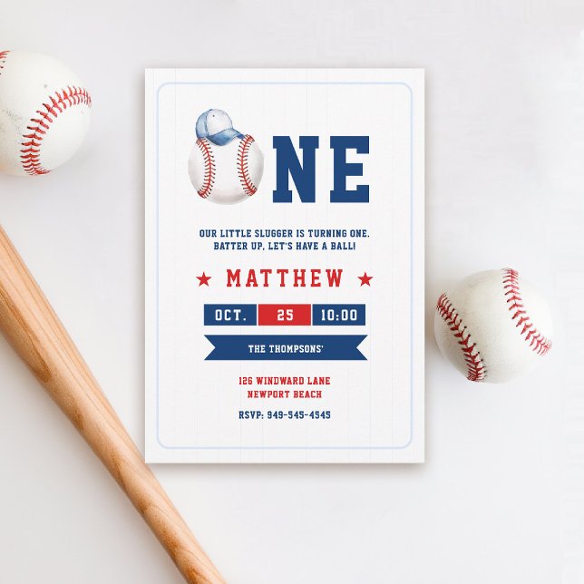 Invitation Baseball Casquette Bleu Rouge Fun Boy 1er Annivers (boy 1st birthday baseball theme invitation little slugger red white cute cap watercolor sports )