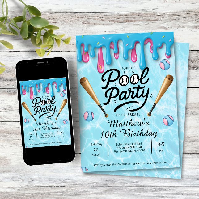 Invitation Baseball Drip Pool Party Kids / Teenagers (Baseball Drip Pool Party Birthday Invitation)