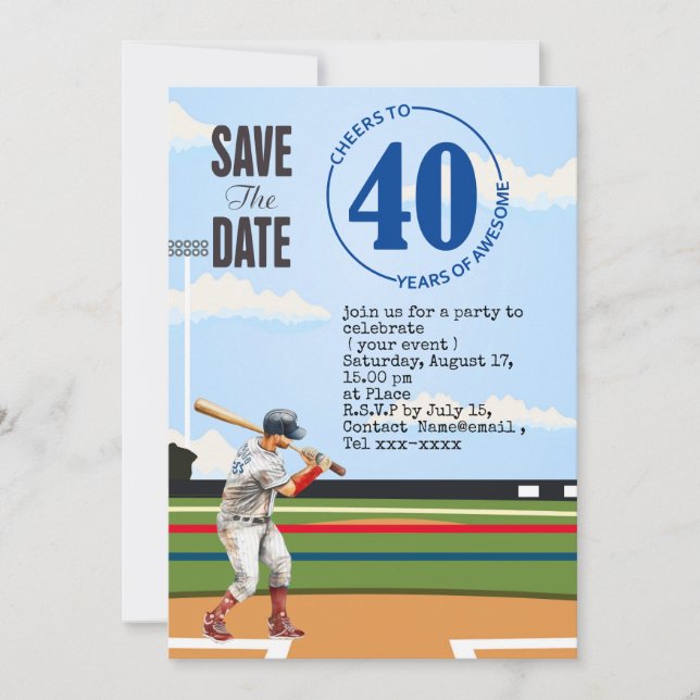 Invitation Baseball enregistrer la date 40e fête d'anniversai (Devant)