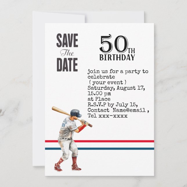Invitation Baseball enregistrer la date 50e fête d'anniversai (Devant)