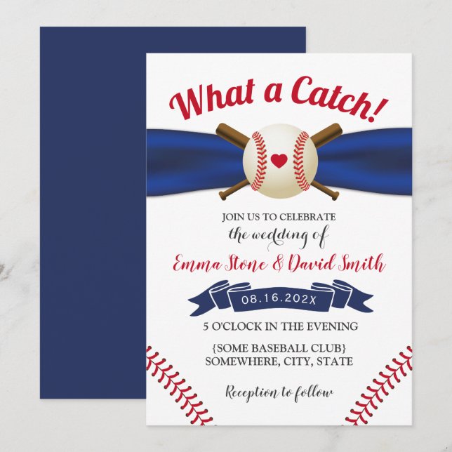 Invitation Baseball Love Marine Ribbon Sports Mariage (Devant / Derrière)