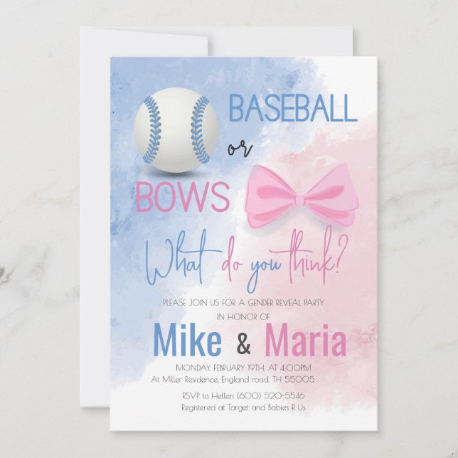 Invitation Baseball ou Bows, le genre révèle l'invitation (Devant)