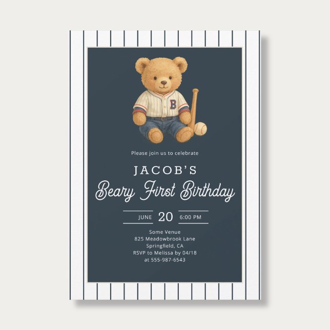 Invitation Baseball Preppy Bear 1er anniversaire (Créateur téléchargé)
