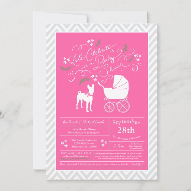 Invitation Basenji Chien Baby shower fille rose (Devant)