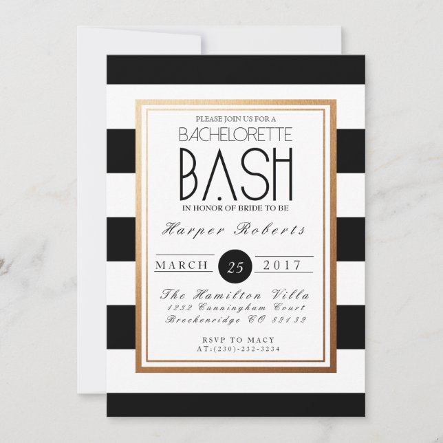 Invitation Bash de Bachelorette chic et formel | Or et noir (Devant)