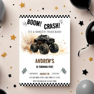 Invitation Bash de Monster Truck Watercolor Black Boom Crash